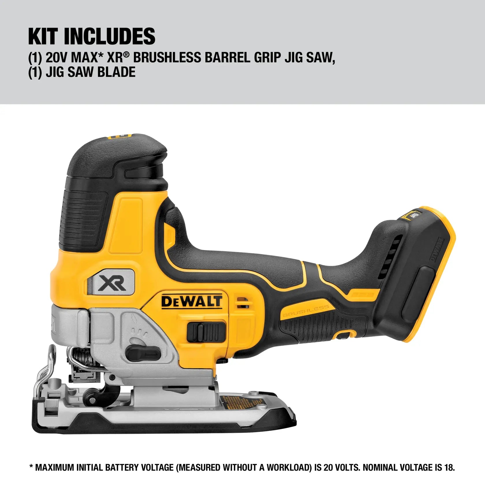 Close-up view of the 4-position orbital action lever on the DEWALT 20V MAX XR brushless jig saw, engineered to adjust cut quality and speed for hardwoods and metals.