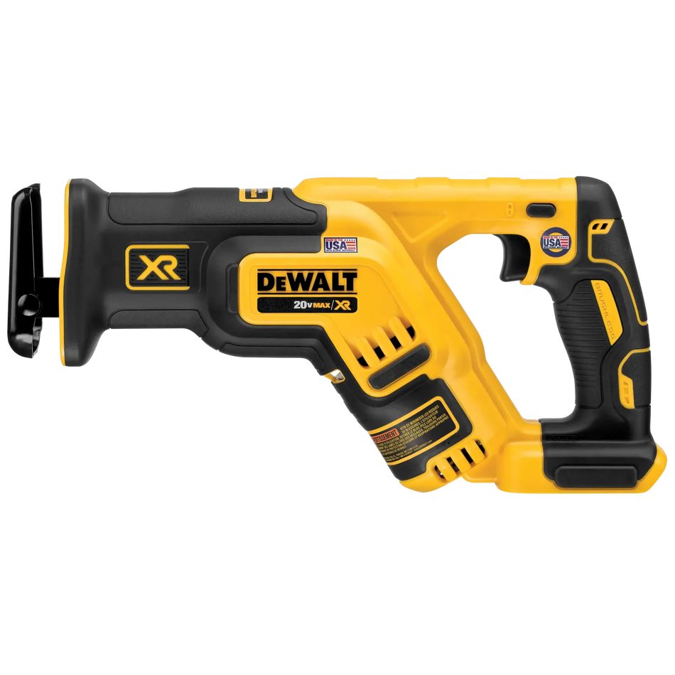 A studio profile view of the DEWALT DCS367B 20V MAX XR brushless compact reciprocating saw. The tool is shown in its signature yellow and black professional housing, featuring a compact 14.5-inch design engineered for demolition and cutting in tight residential and commercial spaces.
