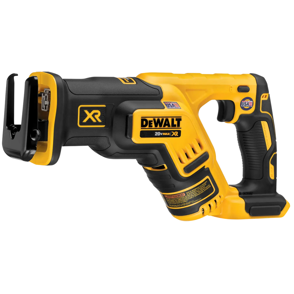 A perspective view of the DEWALT DCS367B reciprocating saw highlighting the front adjustable shoe and the keyless 4-position blade clamp. The image showcases the rugged construction and ergonomic handle design of this high-performance brushless cordless tool.