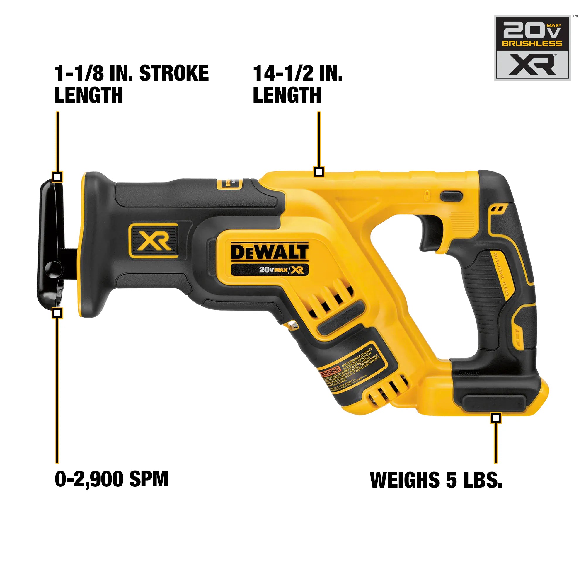 A technical infographic of the DCS367B compact saw labeling its primary professional specifications. Features highlighted include the 1-1/8 inch stroke length, the ultra-compact 14-1/2 inch total tool length, the high-speed 0-2,900 SPM range, and the balanced 5-lb lightweight frame.