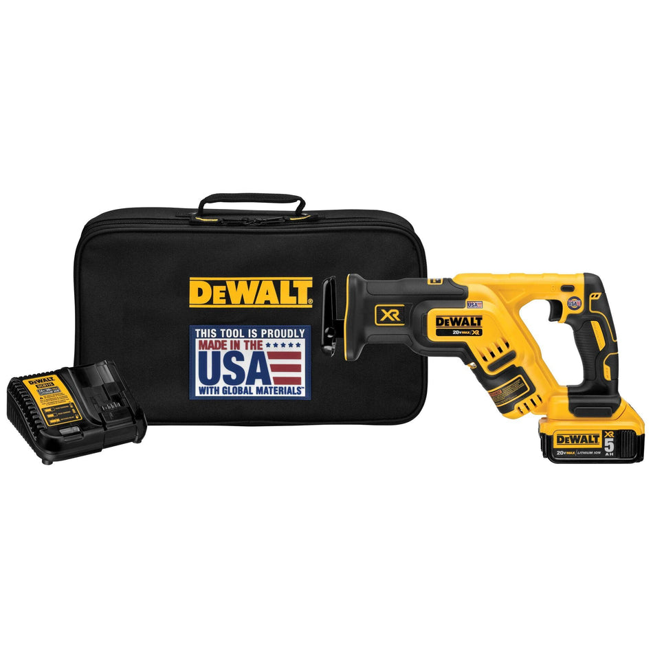 The DEWALT DCS367P1 20V MAX XR Brushless Compact Reciprocating Saw Kit displayed with the cordless saw, a 5.0 Ah battery, a multi-voltage charger, and a heavy-duty black DEWALT contractor tool bag.