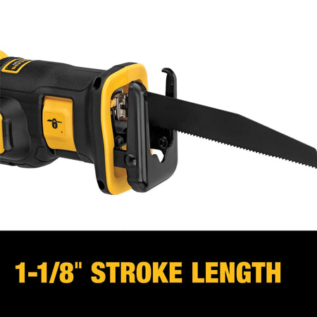 Close-up view of the DEWALT DCS367 compact reciprocating saw nose highlighting the high-performance 1-1/8 inch stroke length and the pivot shoe designed for stability during aggressive wood and metal cutting tasks.