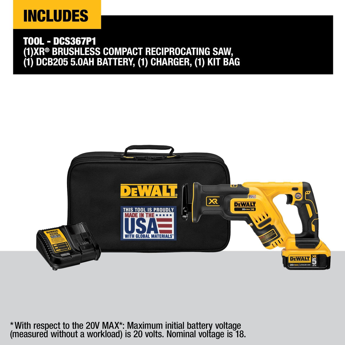 Marketing layout listing the contents of the DCS367P1 kit, featuring the XR Brushless Compact Reciprocating Saw, one DCB205 5.0 Ah battery, a charger, and a durable kit bag against a branded background.