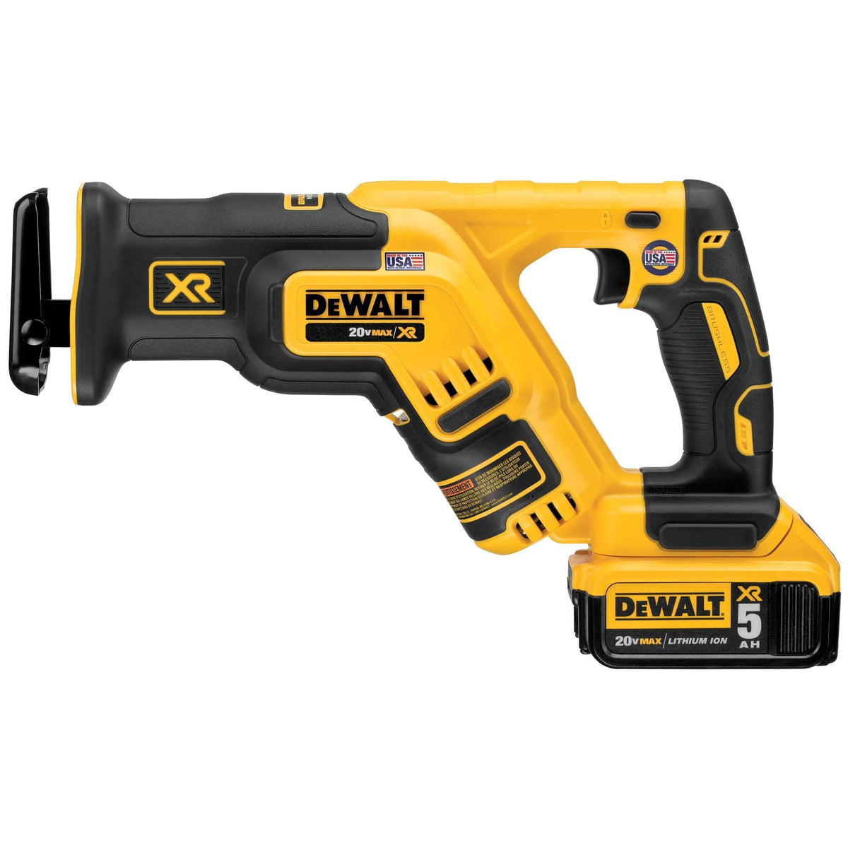 Side profile of the DEWALT DCS367 reciprocating saw showing the ergonomic rubber overmold grip, the high-visibility yellow motor housing, and the 5.0 Ah lithium-ion battery connection point.