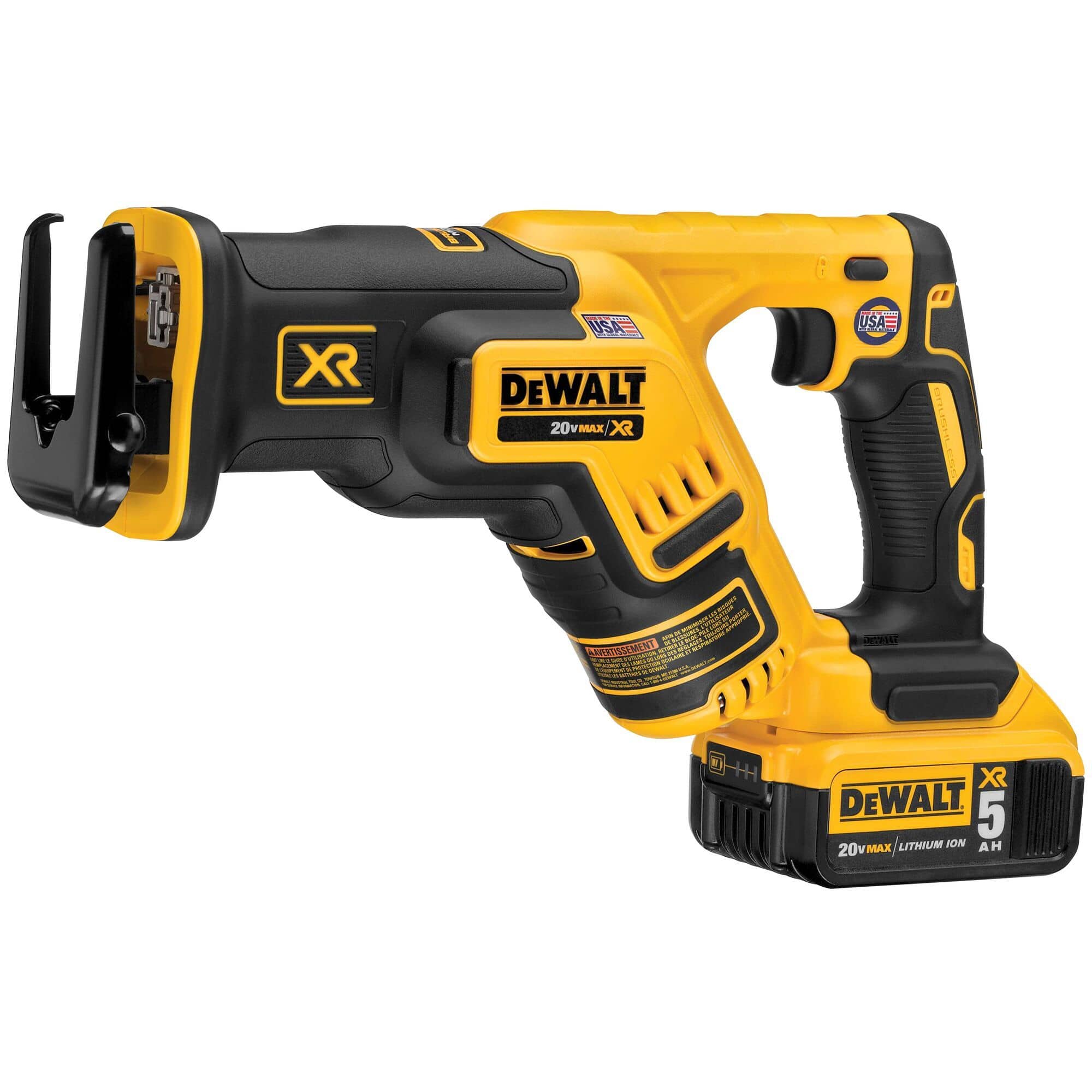 Perspective view of the DEWALT 20V MAX XR Brushless Saw, emphasizing the compact 14.5 inch length and the specialized balanced design optimized for one-handed overhead and between-stud cutting.