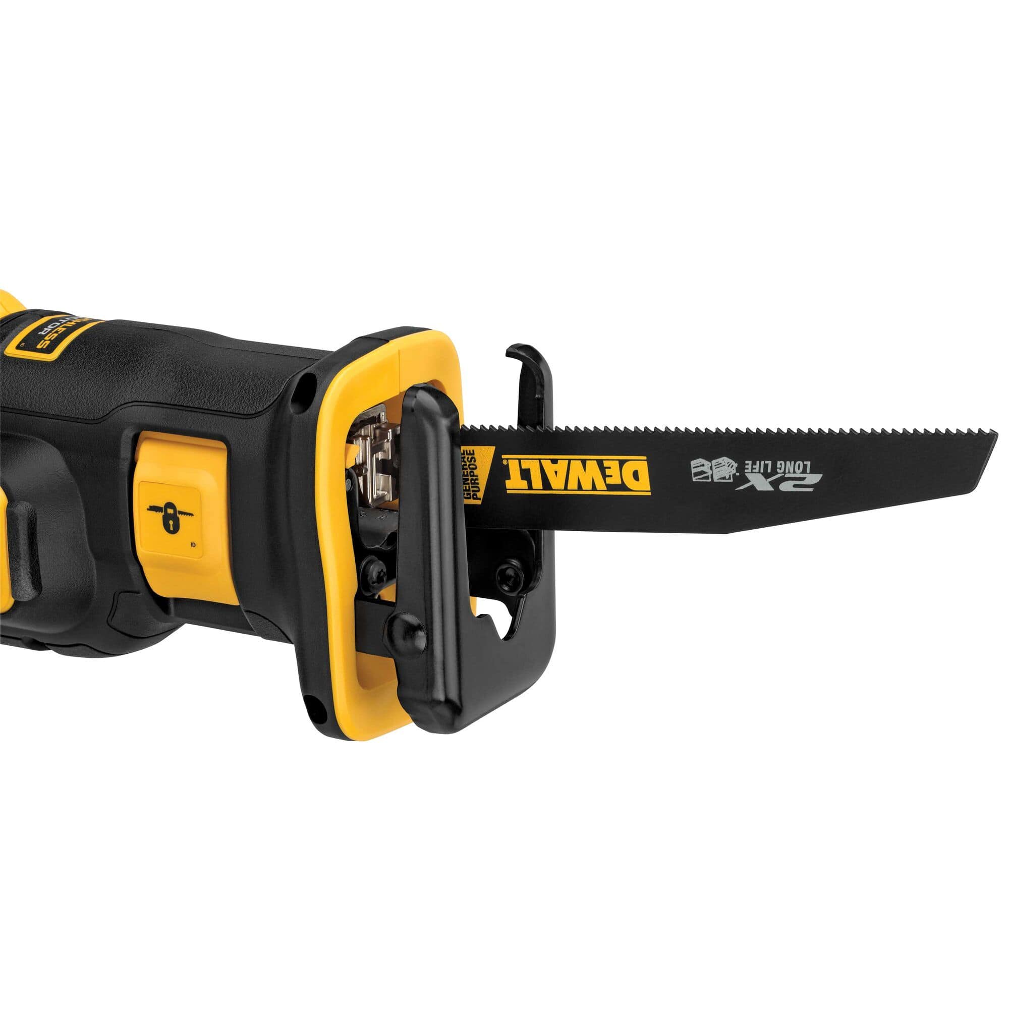 Close-up of the DEWALT 2X Long Life general purpose reciprocating saw blade installed in the tool, demonstrating the 4-position clamp capability for customized cutting angles and improved access.