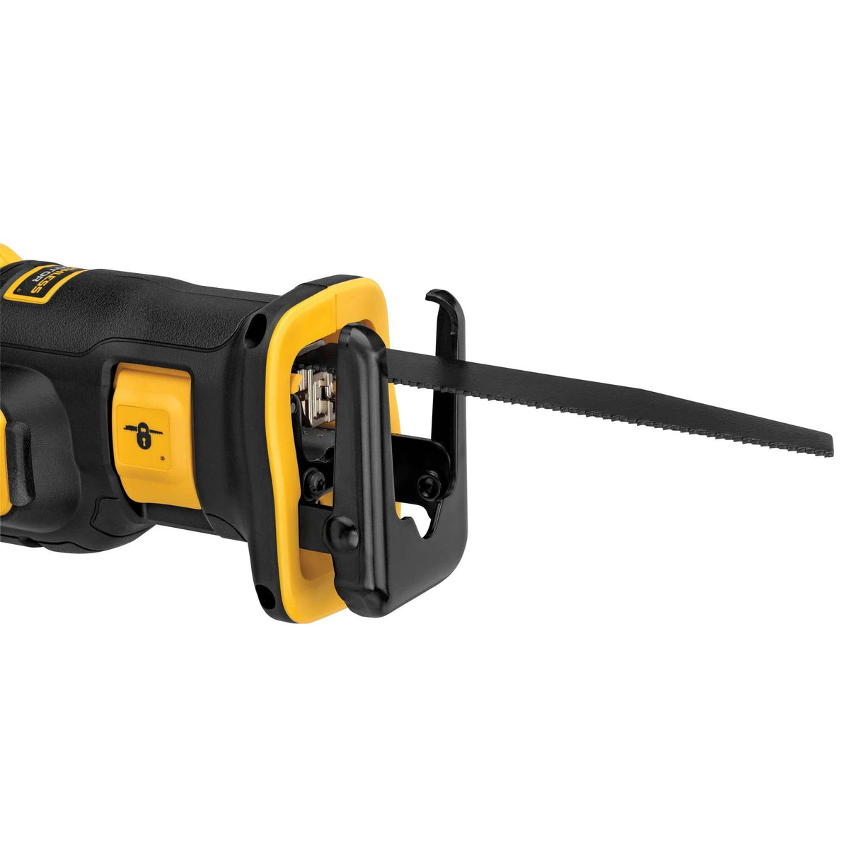 The DEWALT XR Brushless Reciprocating Saw head with a demolition blade installed, focusing on the rugged construction and safety lock-off switch for professional demolition and framing applications.