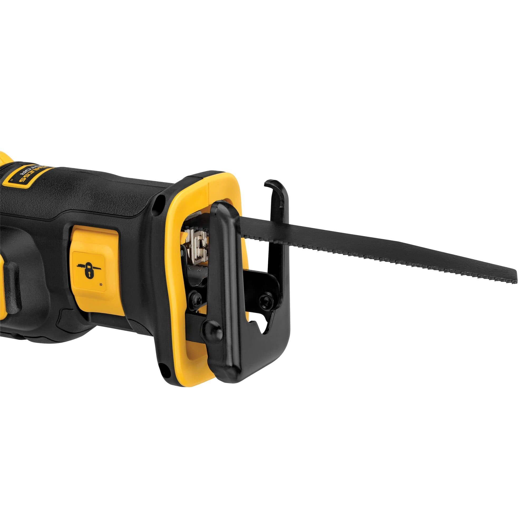 The DEWALT XR Brushless Reciprocating Saw head with a demolition blade installed, focusing on the rugged construction and safety lock-off switch for professional demolition and framing applications.