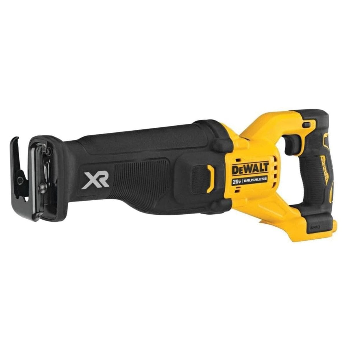 Side view of DEWALT XR 20V MAX brushless reciprocating saw showing contoured grip, blade clamp, and branding, designed for versatile cutting applications.