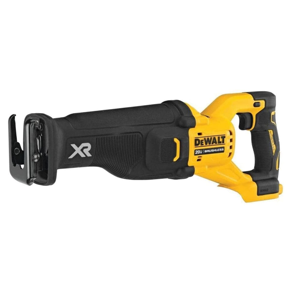 Side view of DEWALT XR 20V MAX brushless reciprocating saw showing contoured grip, blade clamp, and branding, designed for versatile cutting applications.
