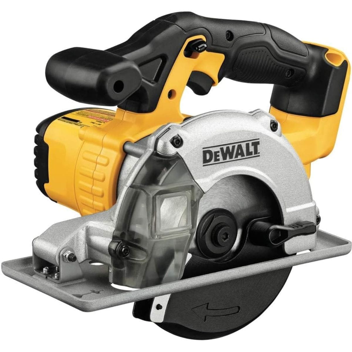 The image shows a yellow and black Dewalt metal-cutting circular saw with a silver blade partially visible beneath a clear guard. The saw has a black ergonomic handle on top and a flat, silver base plate.
