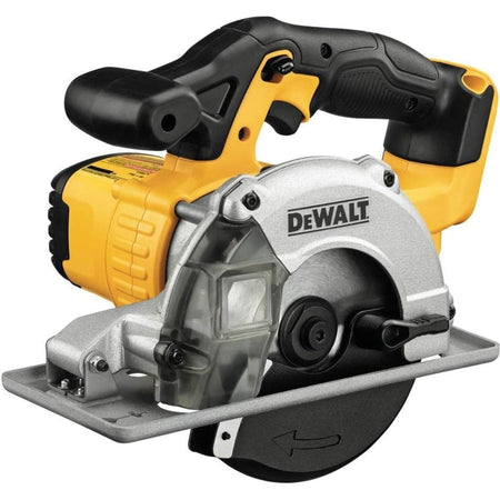 The image shows a yellow and black Dewalt metal-cutting circular saw with a silver blade partially visible beneath a clear guard. The saw has a black ergonomic handle on top and a flat, silver base plate.