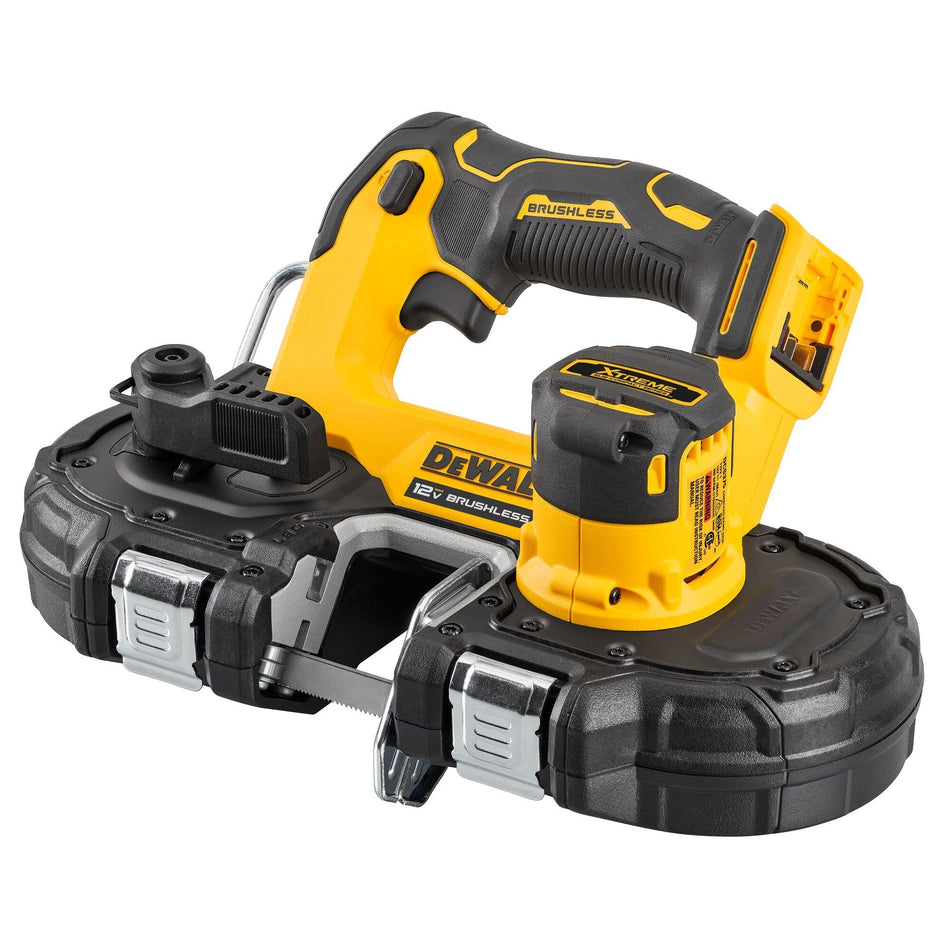 A high-angle studio shot of the DEWALT DCS375B XTREME 12V MAX Brushless Bandsaw (Bare Tool), showing the rugged yellow and black construction, blade tracking wrench storage, and the 1-3/4 inch cutting capacity throat.