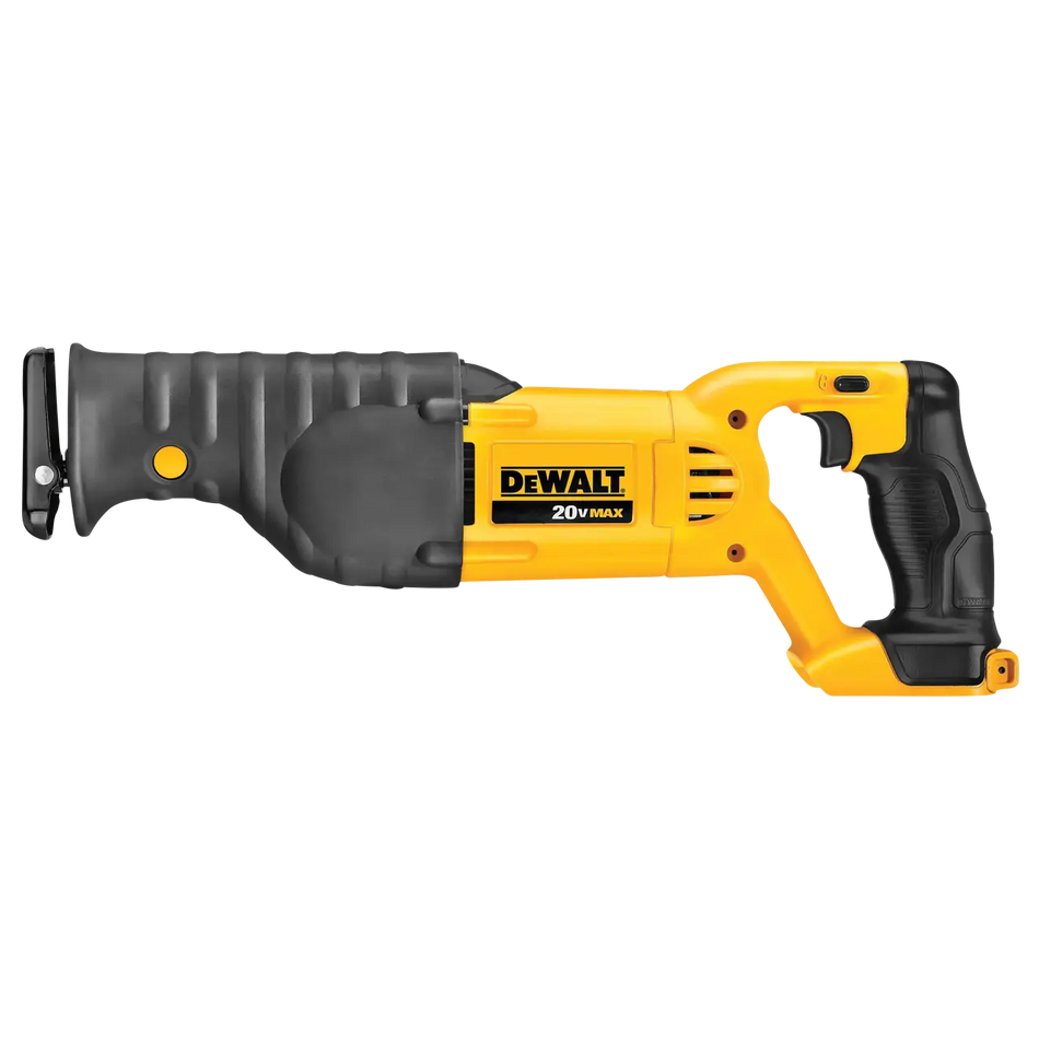 DEWALT DCS380B twenty volt max cordless reciprocating saw bare tool highlighting its signature yellow and black structural housing design, rubber overmolded comfort grip handle, and variable speed trigger mechanism isolated horizontally on a white background.