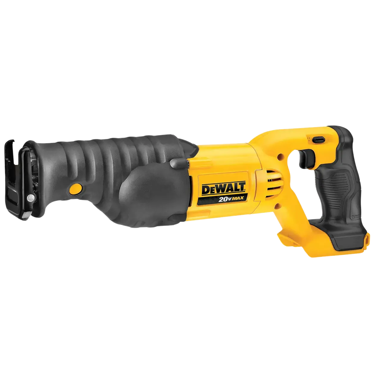 Three quarter profile view of the DEWALT twenty volt max cordless reciprocating saw bare tool showcasing its compact body, four position blade clamp assembly, adjustable pivoting shoe, and double oil sealed shaft construction isolated on a white background.