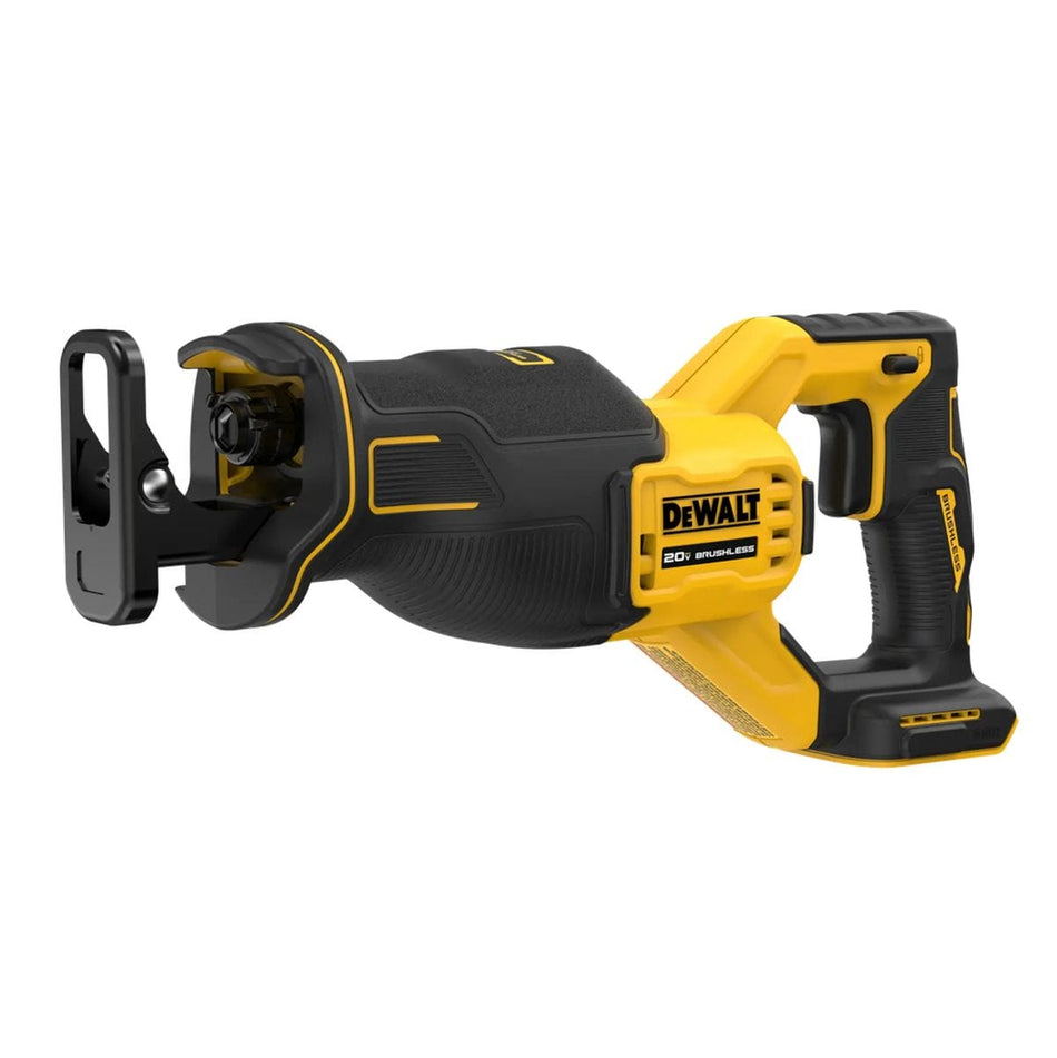 Angled front view of the DEWALT DCS382B 20V MAX XR brushless cordless reciprocating saw bare tool, showcasing the heavy-duty design and keyless blade clamp for fast demolition work.