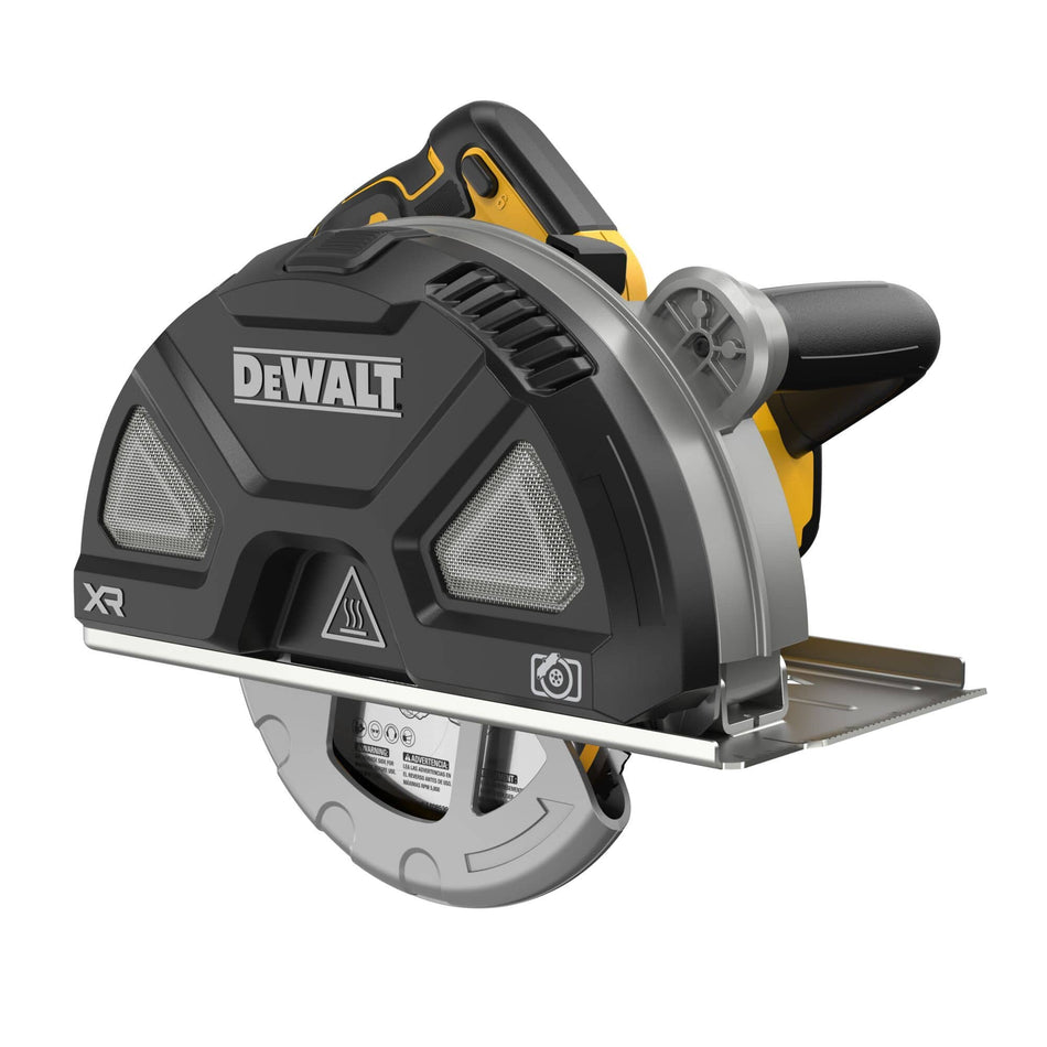 A three-quarter front studio view of the DEWALT DCS383B 20V MAX XR brushless 7-1/4-inch metal cutting circular saw bare tool against a white background, displaying its robust black protective blade guard with integrated mesh vents, silver lower guard window, and a textured black auxiliary front handle grip.
