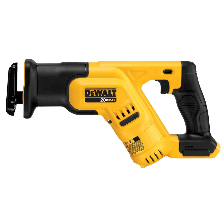 Perspective studio shot of the DEWALT DCS387B 20V MAX compact reciprocating saw bare tool, featuring the high-visibility yellow motor housing, textured black rubber overmold grip, and adjustable pivoting shoe.