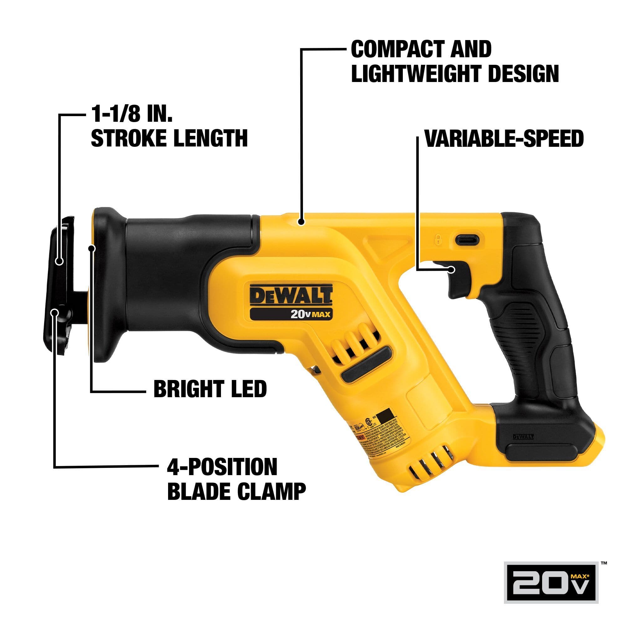 Detailed infographic of the DEWALT compact reciprocating saw highlighting the keyless 4-position blade clamp, variable speed trigger, and balanced design optimized for professional demolition and construction layout.