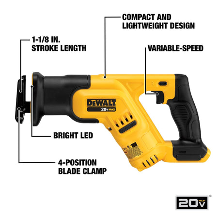 Detailed infographic of the DEWALT compact reciprocating saw highlighting the keyless 4-position blade clamp, variable speed trigger, and balanced design optimized for professional demolition and construction layout.