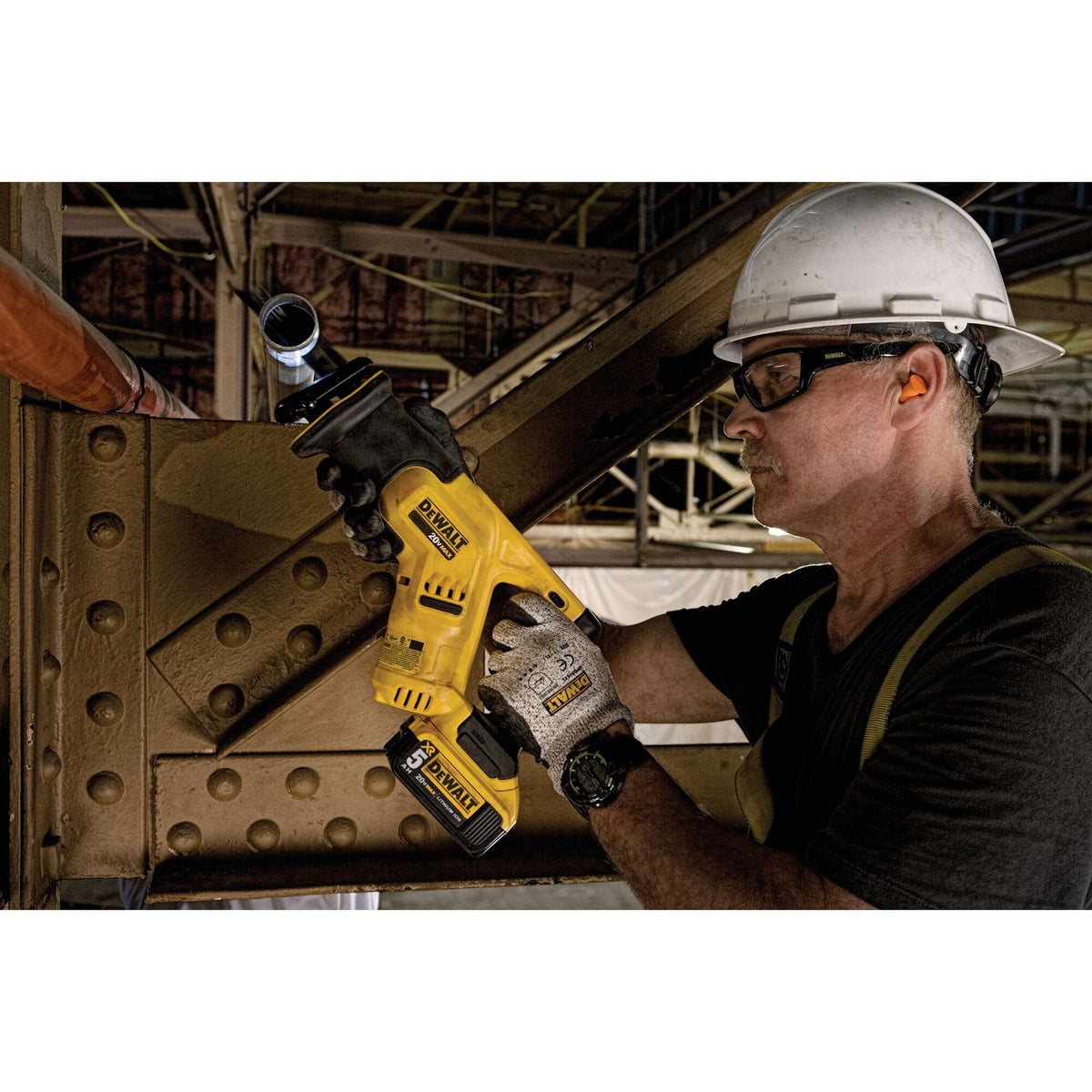 Person using a yellow Dewalt power tool on a construction site