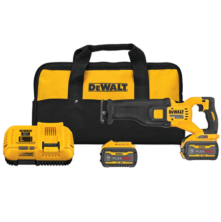 A complete product kit layout of the DEWALT DCS389X2 60V MAX brushless cordless reciprocating saw. The set includes the high-power demolition saw, two 9Ah FLEXVOLT lithium-ion batteries, a fast charger, and a heavy-duty yellow and black contractor tool bag.