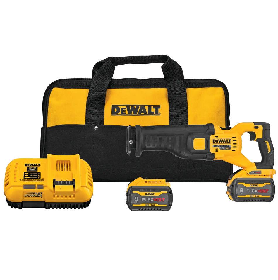 A complete product kit layout of the DEWALT DCS389X2 60V MAX brushless cordless reciprocating saw. The set includes the high-power demolition saw, two 9Ah FLEXVOLT lithium-ion batteries, a fast charger, and a heavy-duty yellow and black contractor tool bag.