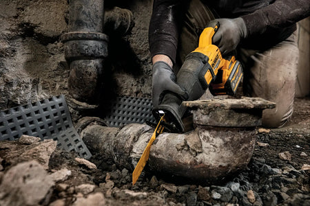 Close-up action photograph of the DCS389 reciprocating saw in use, cutting through a heavy-gauge rusted metal pipe. The image illustrates the high-torque demolition power of the brushless motor and the efficiency of the specialized metal cutting blade.