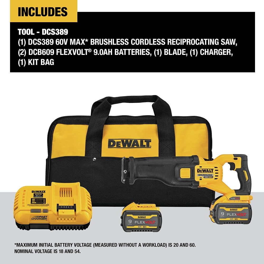 A marketing infographic titled INCLUDES, listing all components of the DCS389X2 kit. The image shows the 60V MAX brushless reciprocating saw, two DCB609 FLEXVOLT 9.0Ah batteries, one cutting blade, one fast charger, and a professional kit bag for jobsite portability.