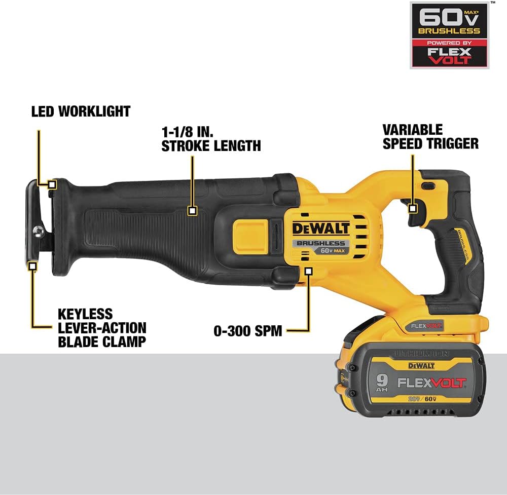 Technical infographic of the DEWALT DCS389X2 reciprocating saw labeling professional features. Identified callouts include the bright LED worklight, the 1-1/8 inch stroke length for fast cutting, the 0-3,000 SPM speed range, the variable speed trigger, and the keyless lever-action blade clamp.