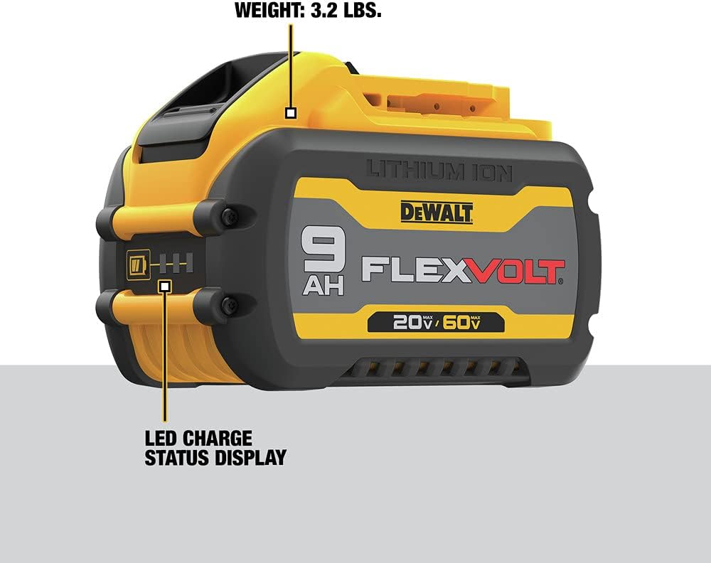 A detailed product shot of the DEWALT FLEXVOLT 9Ah 20V/60V MAX battery. Callout lines highlight the 3.2 lb weight and the integrated LED charge status display, emphasizing the high-capacity power source used for industrial-strength cordless tools.