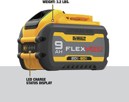 A detailed product shot of the DEWALT FLEXVOLT 9Ah 20V/60V MAX battery. Callout lines highlight the 3.2 lb weight and the integrated LED charge status display, emphasizing the high-capacity power source used for industrial-strength cordless tools.