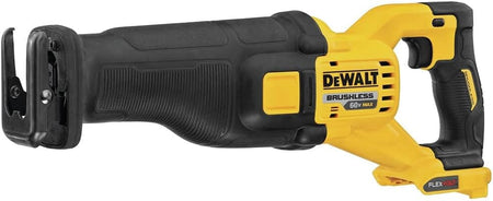 A perspective studio shot of the DCS389 60V MAX brushless reciprocating saw. The view emphasizes the rugged design, the XR Brushless 60V MAX branding, and the aggressive black rubber overmold grip for superior control during heavy-duty demolition tasks.