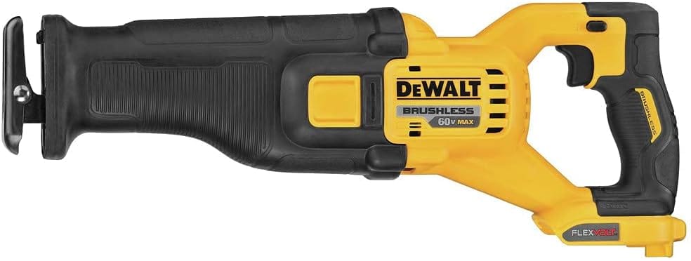 A side profile view of the DEWALT 60V MAX brushless reciprocating saw. This angle highlights the pivoting adjustable shoe and the lever-action blade clamp, showcasing the tool's specialized ergonomics for high-torque construction and renovation work.