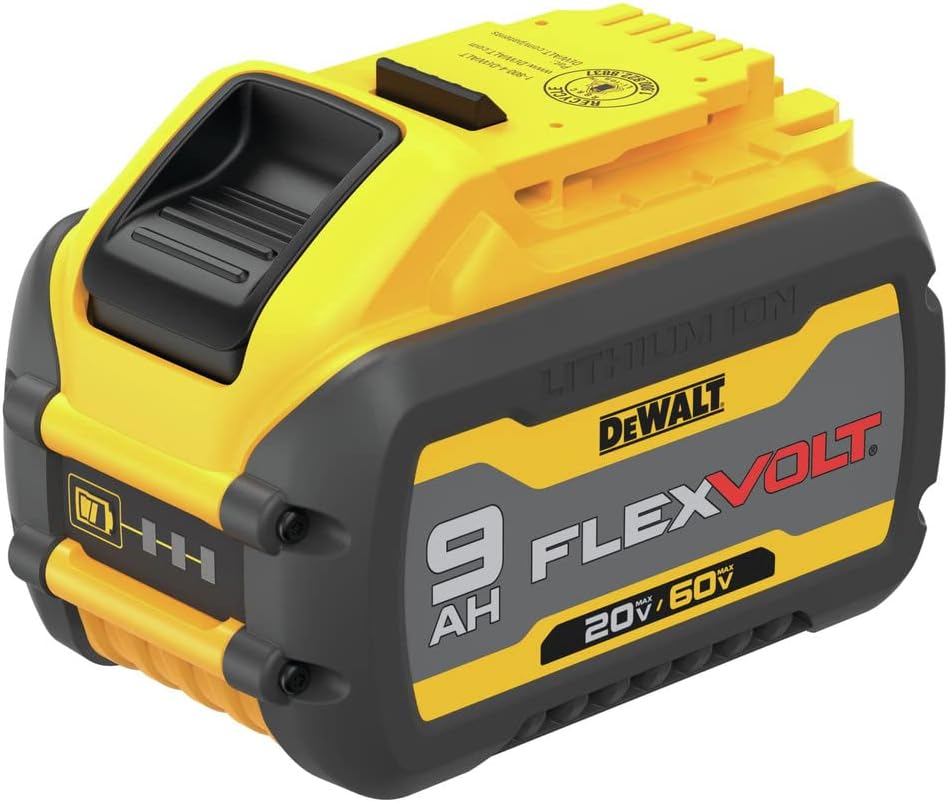 A perspective view of the DCB609 FLEXVOLT 9.0Ah battery pack. The image highlights the dual-voltage technology that allows the battery to power both 60V MAX heavy-duty tools and 20V MAX professional power tools for maximum jobsite versatility.