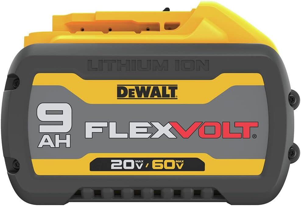 Direct side view of the DEWALT 9Ah FLEXVOLT lithium-ion battery. The high-capacity label is clearly visible, identifying it as a professional-grade power source for high-demand demolition saws and industrial cutting equipment.