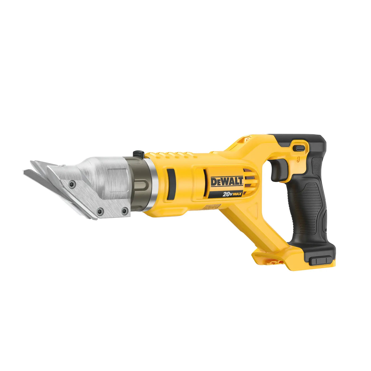 Angled front view of the DEWALT 20V MAX 18 gauge metal shears featuring the heavy-duty offset cutting blades designed for clean, burr-free cuts in mild and stainless steel.
