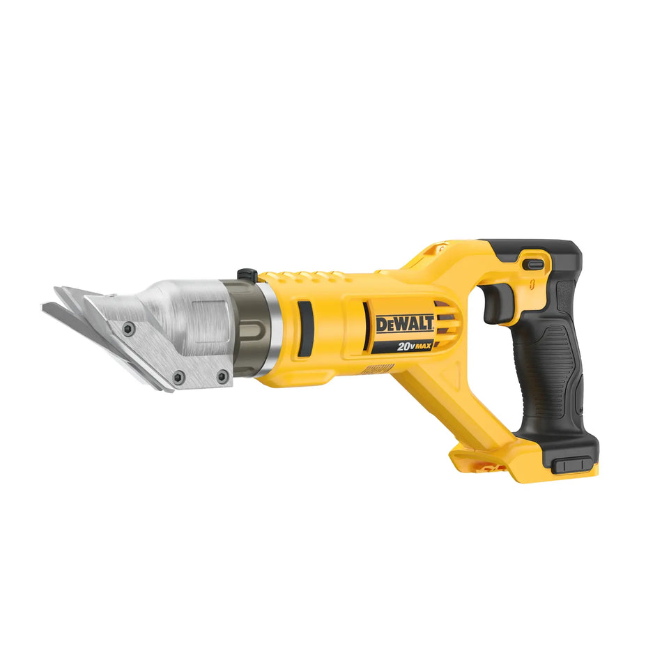 Angled front view of the DEWALT 20V MAX 18 gauge metal shears featuring the heavy-duty offset cutting blades designed for clean, burr-free cuts in mild and stainless steel.