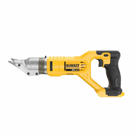 Side profile of the DEWALT DCS491B cordless metal shears showcasing the 360-degree tool-free swivel head and the durable brushless motor housing.