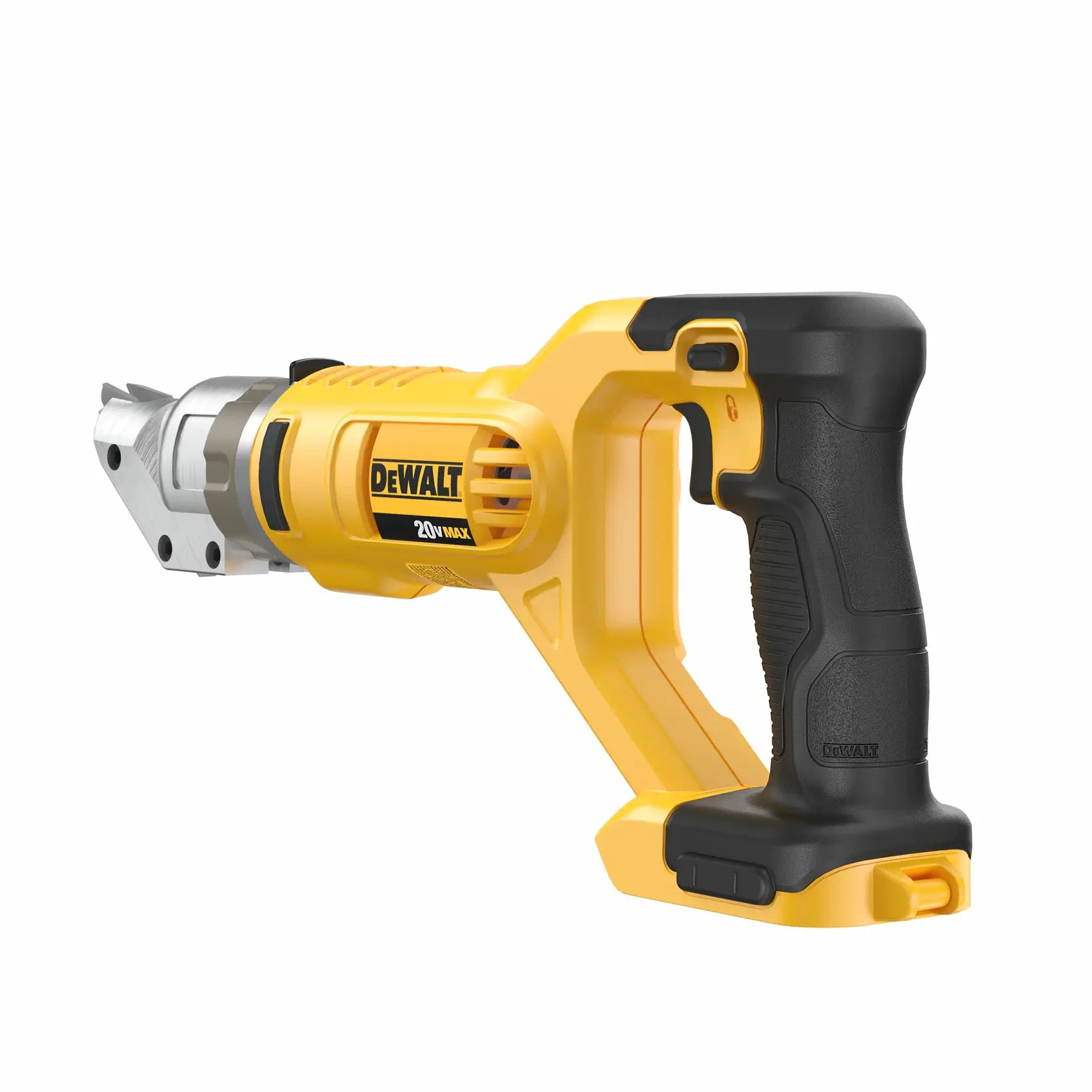 Rear angled view of the DEWALT 18 gauge cordless metal shears highlighting the ergonomic D-handle grip, variable speed trigger, and the 20V MAX battery mounting port.