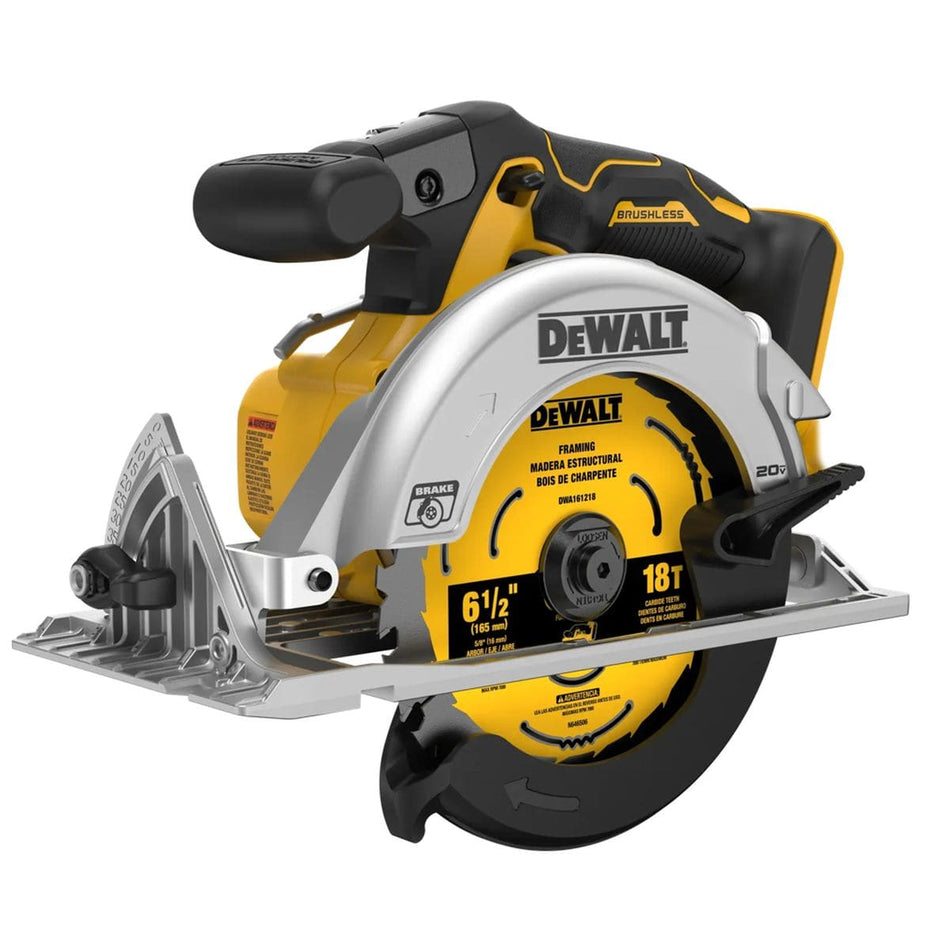 Three-quarter studio view of the DEWALT DCS565B cordless circular saw featuring a 6-1/2 inch framing blade, brushless motor branding, and a durable magnesium shoe for professional cutting.