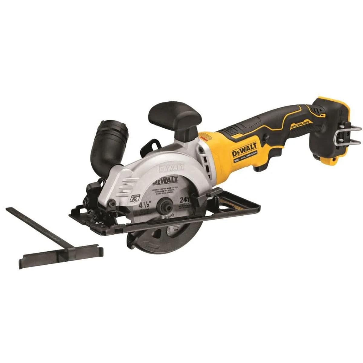 Perspective view of the DEWALT 4-1/2 inch compact circular saw highlighting the ergonomic elongated handle, removable auxiliary handle, and durable metal bevel gear housing for professional accuracy.
