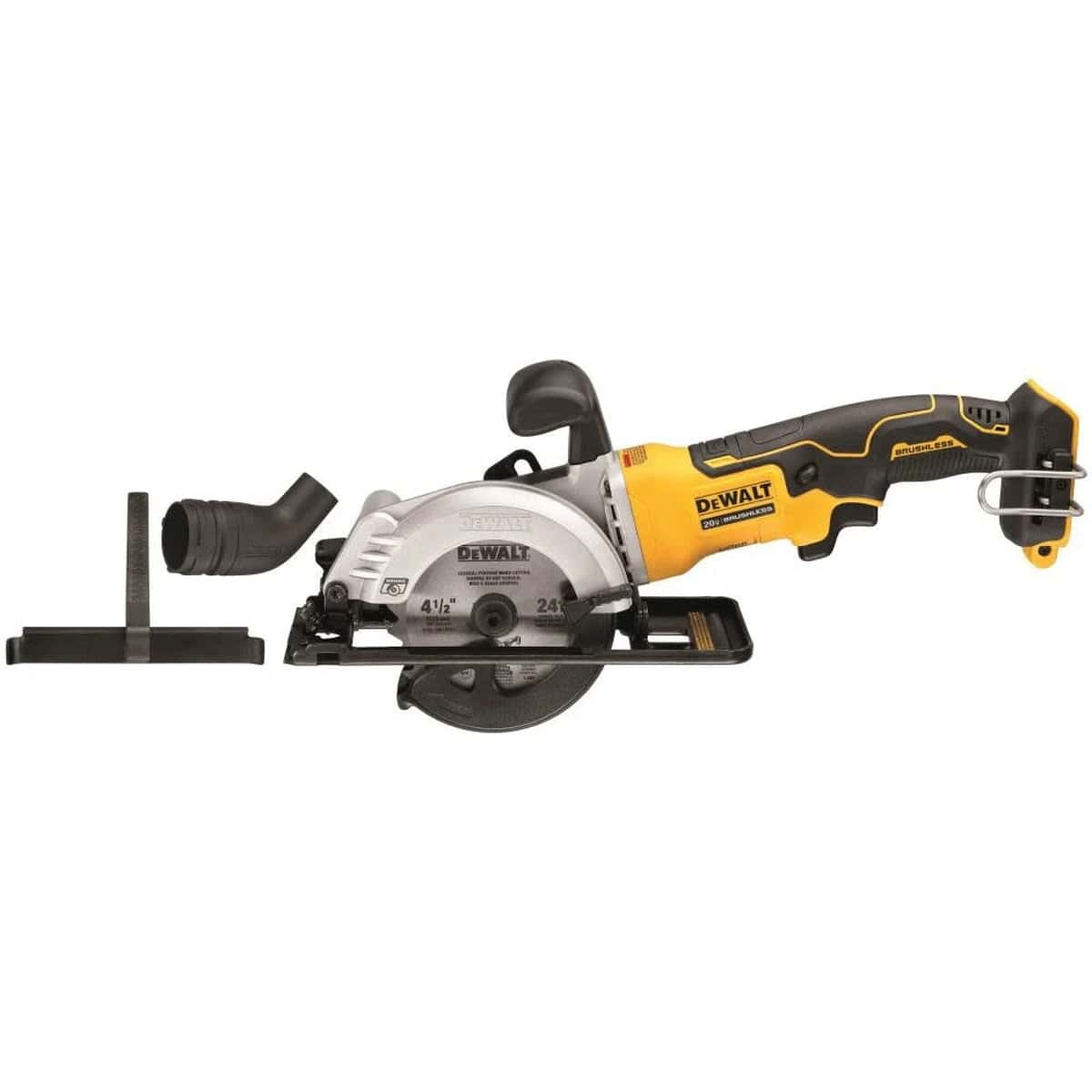 Side profile of the DEWALT ATOMIC brushless cordless trim saw featuring a high-performance 20V MAX motor and specialized 4-1/2 inch blade design for thin-kerf cutting.