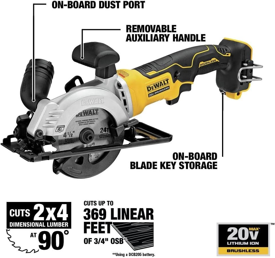 Feature infographic for the DEWALT DCS571B detailing the on-board dust port, removable auxiliary handle, and 369 linear foot cutting capacity in 3/4 inch OSB using a brushless motor.