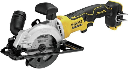 High-angle view of the DEWALT compact circular saw showcasing the integrated rafter hang hook and the 4-1/2 inch 24-tooth carbide-tipped wood blade for efficient framing and trim work.