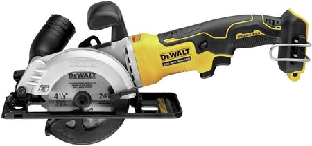 Direct side view of the DEWALT DCS571B bare tool circular saw highlighting the compact length and precision-engineered guard system for safe operation in tight workspaces.