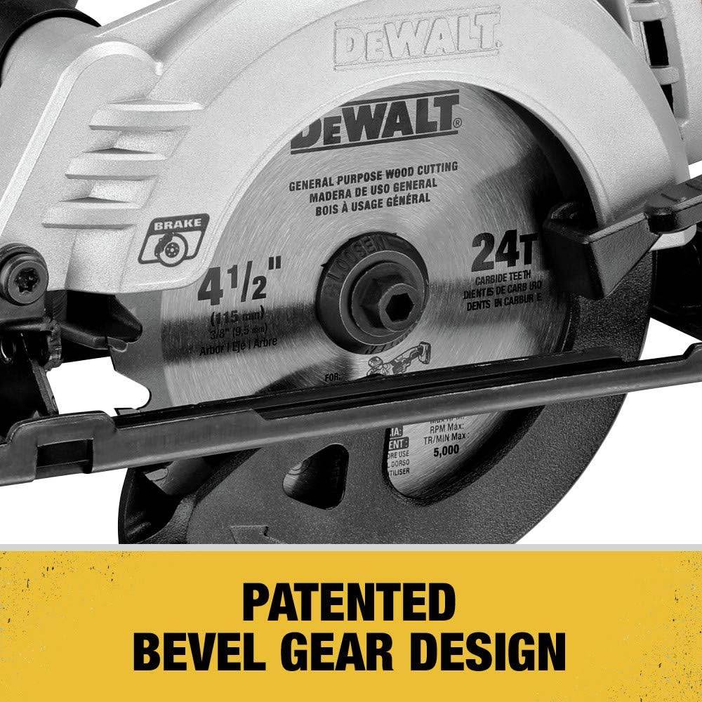 Close-up of the DEWALT patented bevel gear design and electronic blade brake on the 4-1/2 inch ATOMIC circular saw, emphasizing the industrial-grade construction and safety features.
