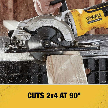 Action shot demonstrating the DEWALT DCS571B 20V MAX circular saw performing a high-torque 90-degree crosscut through a dimensional 2x4 lumber board.