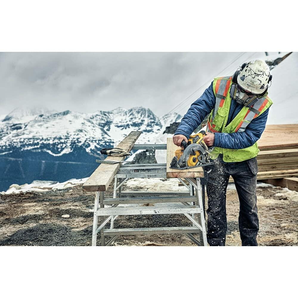 DEWALT FLEXVOLT 60V MAX 7-1/4-Inch Circular Saw in use for framing with worker cutting wood outdoors in mountains