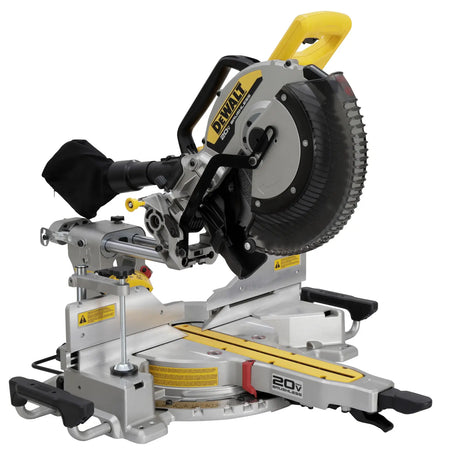 Three-quarter studio view of the DEWALT DCS785B 12 inch cordless miter saw featuring a sliding rail system, adjustable stainless steel miter detent plate, and a high-visibility yellow handle.